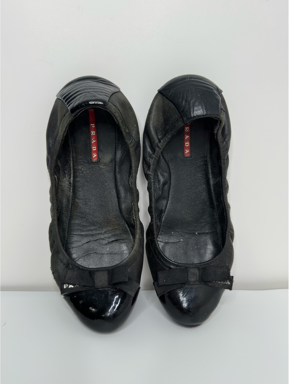 Prada Black Leather Patent Cap Toe Bow Ballet Flats Womenโs - Picture 8 of 12